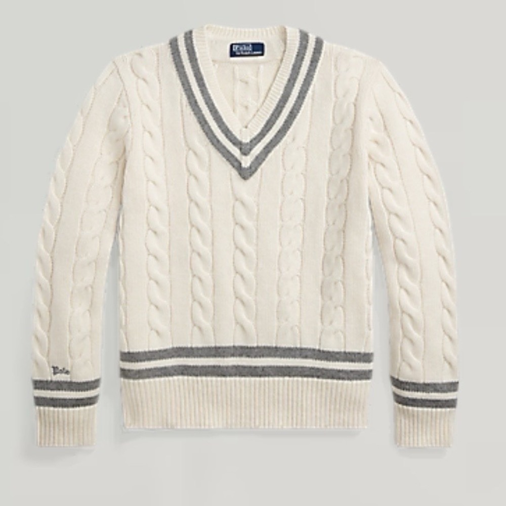 Polo Ralph Lauren The Iconic Cricket Sweater Womans MD Wool Cashmere Cream Gray - Picture 4 of 15